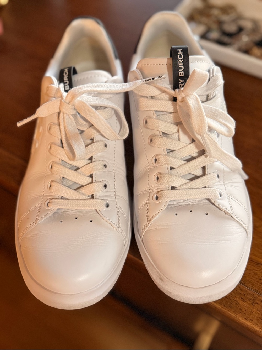 Tory Burch White Leather Sneakers with Black Heel Accent - Picture 3 of 10